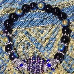 Dark Blue and Iridescent Purple Beaded Stretch Bracelet with Silver Accents
